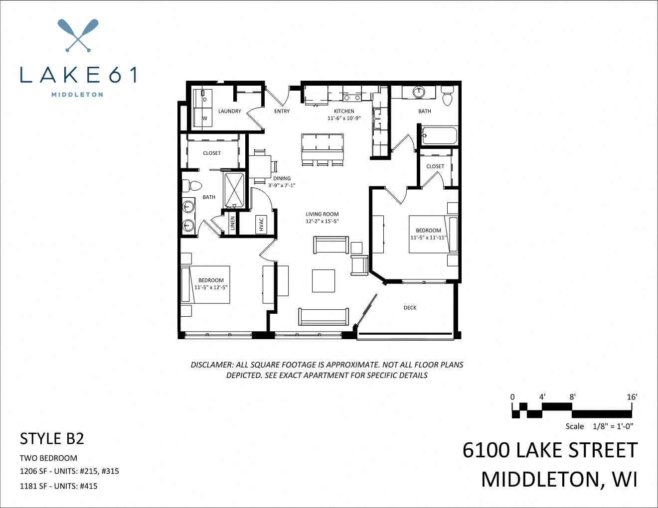 Floor plan for 2 beds, 2 baths, 1181 sqft